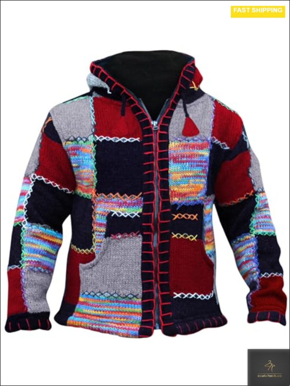 Men's Wool Fleece Patchwork Hippie Jacket Long Sleeve Quilted